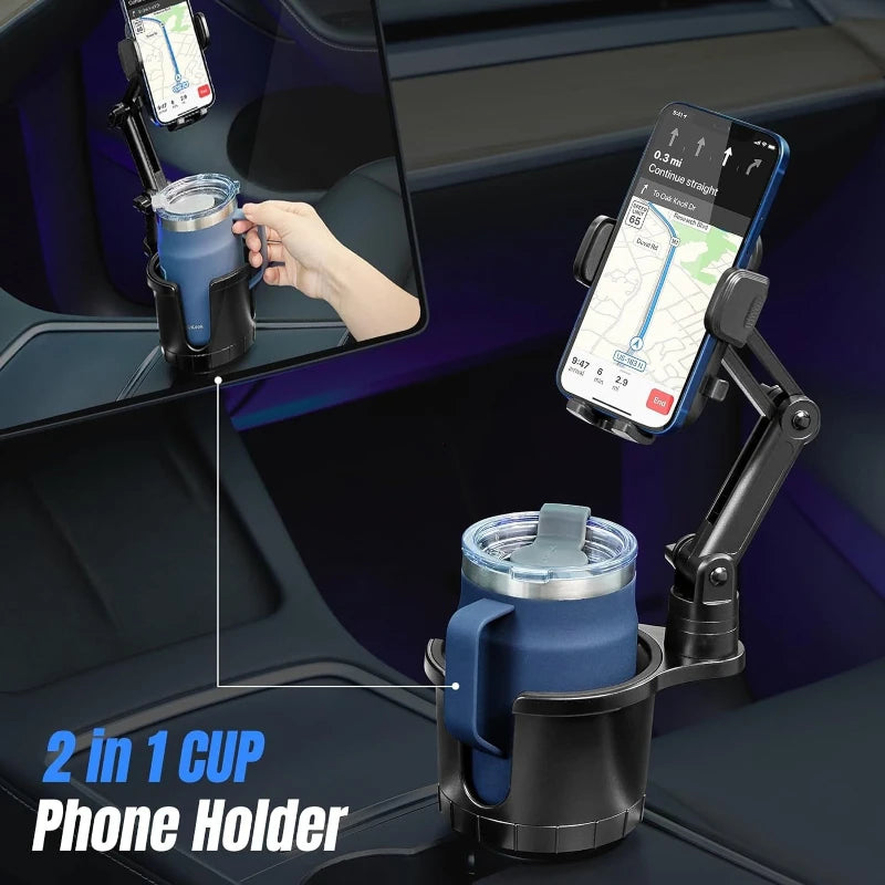 Car Phone Holder Cup Holder 2 in 1 Multi-Functional Mount 360°Rotation with Adjustable Long Neck Stand Car Interior Accessories