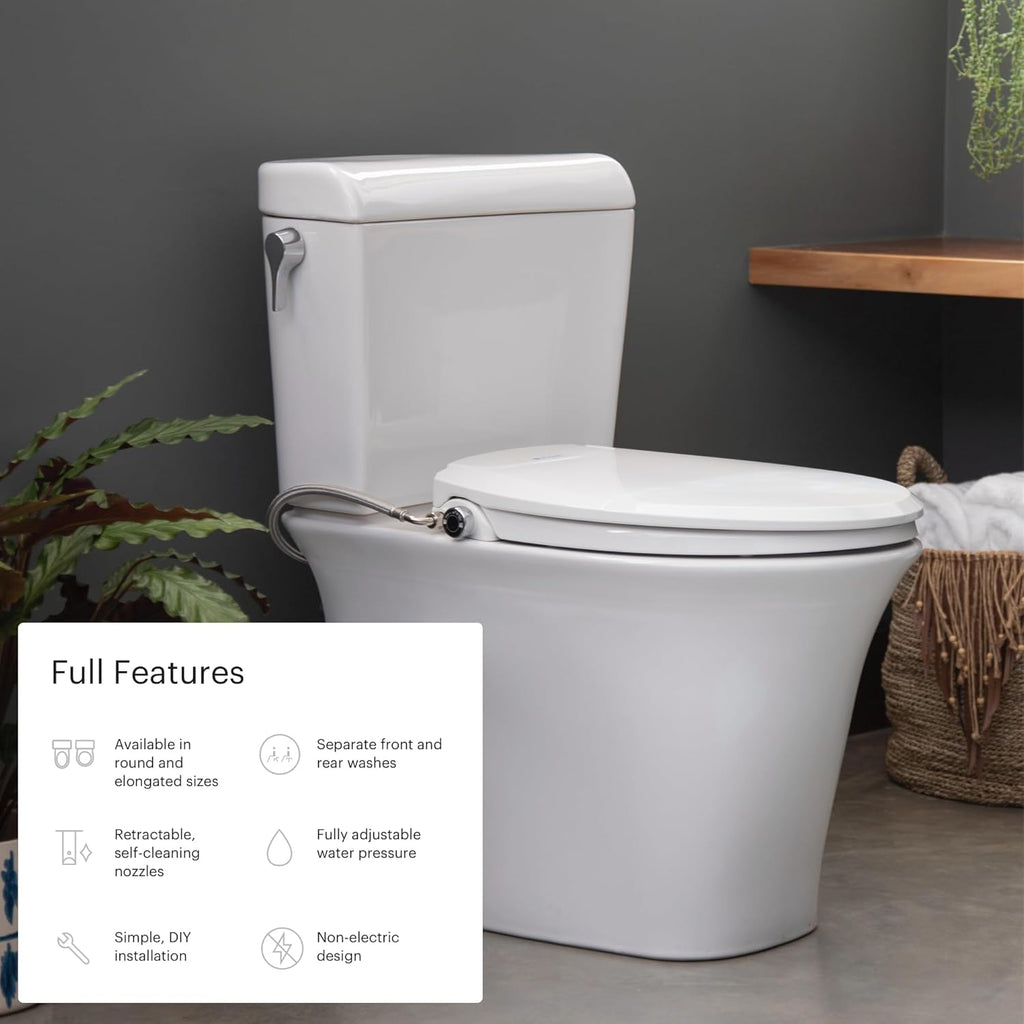 Bidet Toilet Seat Non-Electric Swash Ecoseat, Fits Elongated Toilets, White - Dual Nozzle System, Ambient Water Temperature - Bidet with Easy Installation