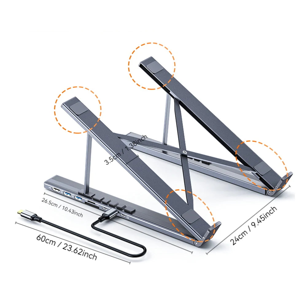 8-In-1 Bracket HUB Laptop USB3.0 Docking Station Aluminum Alloy Foldable and Liftable Holder PD TYPE-C to HDMI Adapter