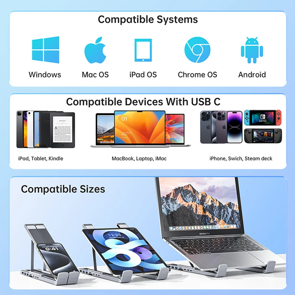8-In-1 Bracket HUB Laptop USB3.0 Docking Station Aluminum Alloy Foldable and Liftable Holder PD TYPE-C to HDMI Adapter