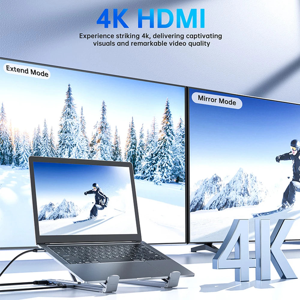 8-In-1 Bracket HUB Laptop USB3.0 Docking Station Aluminum Alloy Foldable and Liftable Holder PD TYPE-C to HDMI Adapter