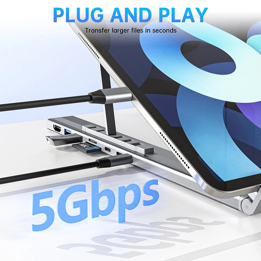 8-In-1 Bracket HUB Laptop USB3.0 Docking Station Aluminum Alloy Foldable and Liftable Holder PD TYPE-C to HDMI Adapter