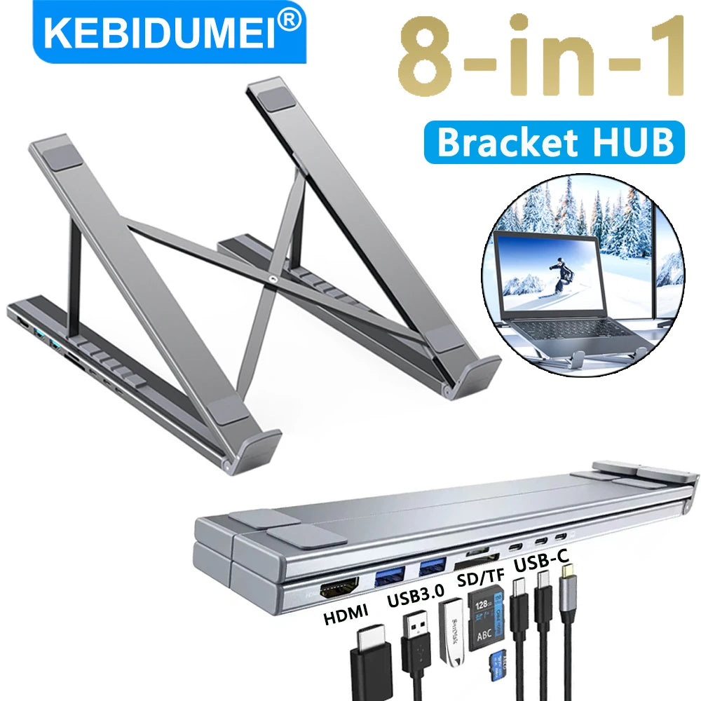 8-In-1 Bracket HUB Laptop USB3.0 Docking Station Aluminum Alloy Foldable and Liftable Holder PD TYPE-C to HDMI Adapter