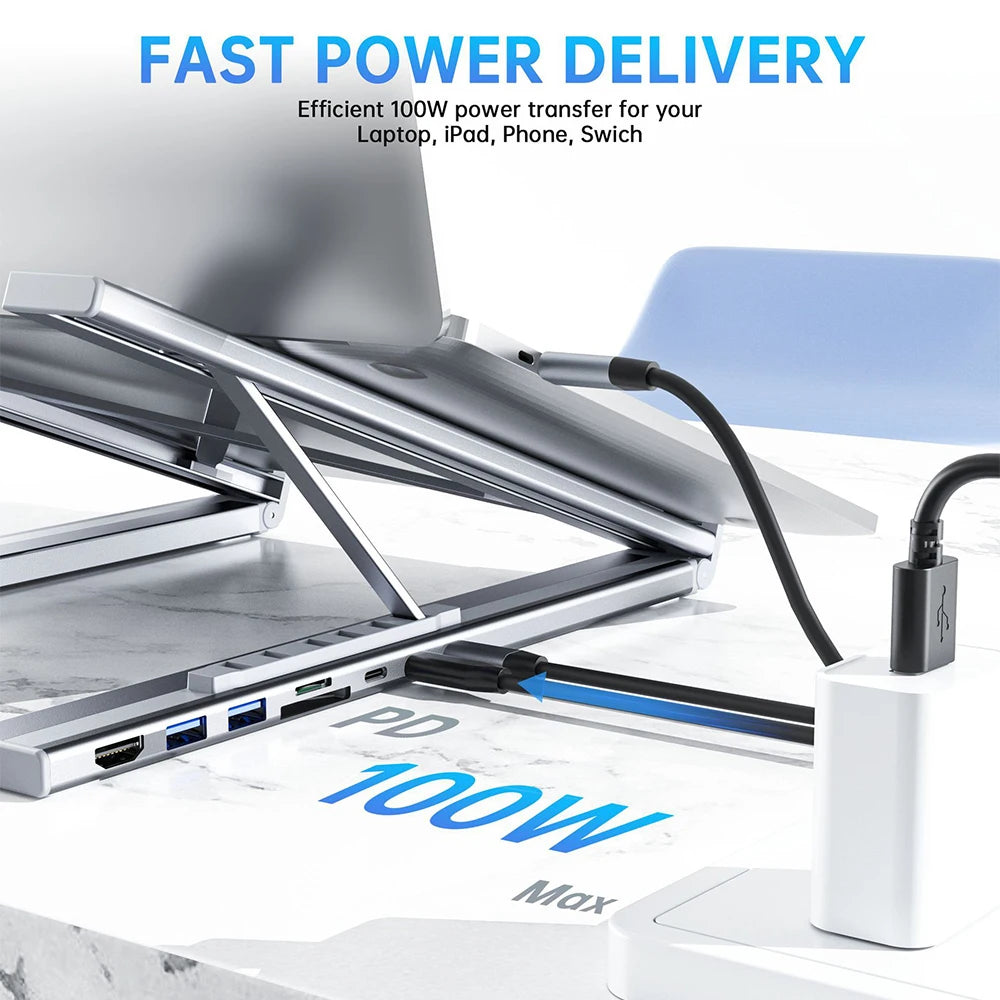 8-In-1 Bracket HUB Laptop USB3.0 Docking Station Aluminum Alloy Foldable and Liftable Holder PD TYPE-C to HDMI Adapter