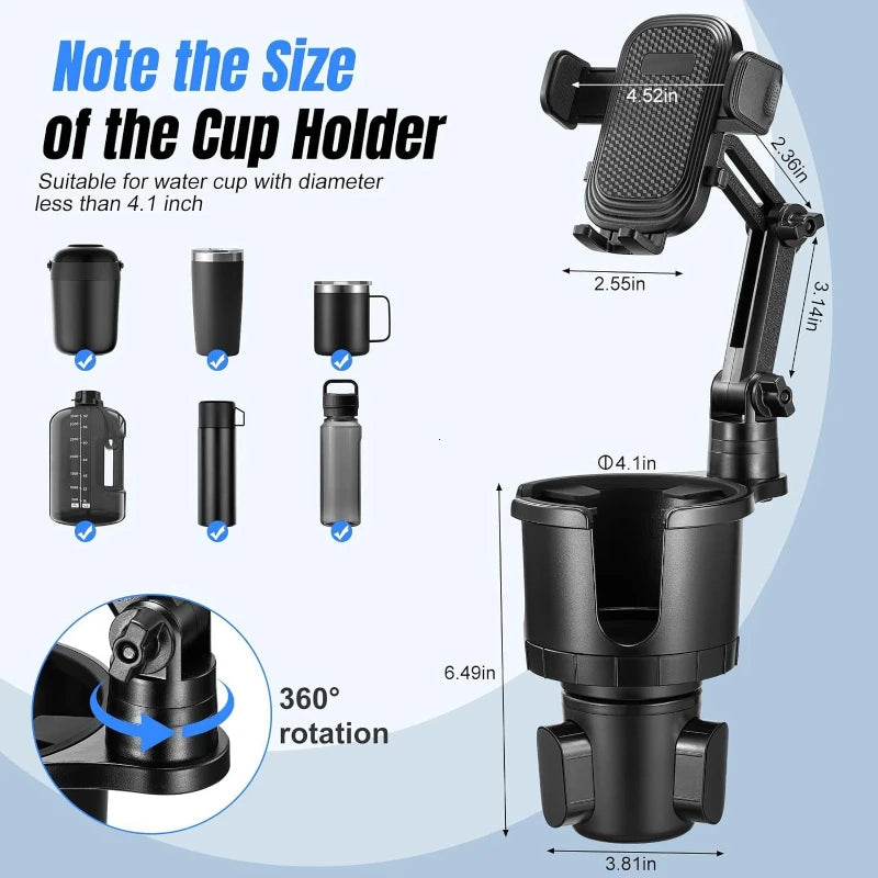 Car Phone Holder Cup Holder 2 in 1 Multi-Functional Mount 360°Rotation with Adjustable Long Neck Stand Car Interior Accessories