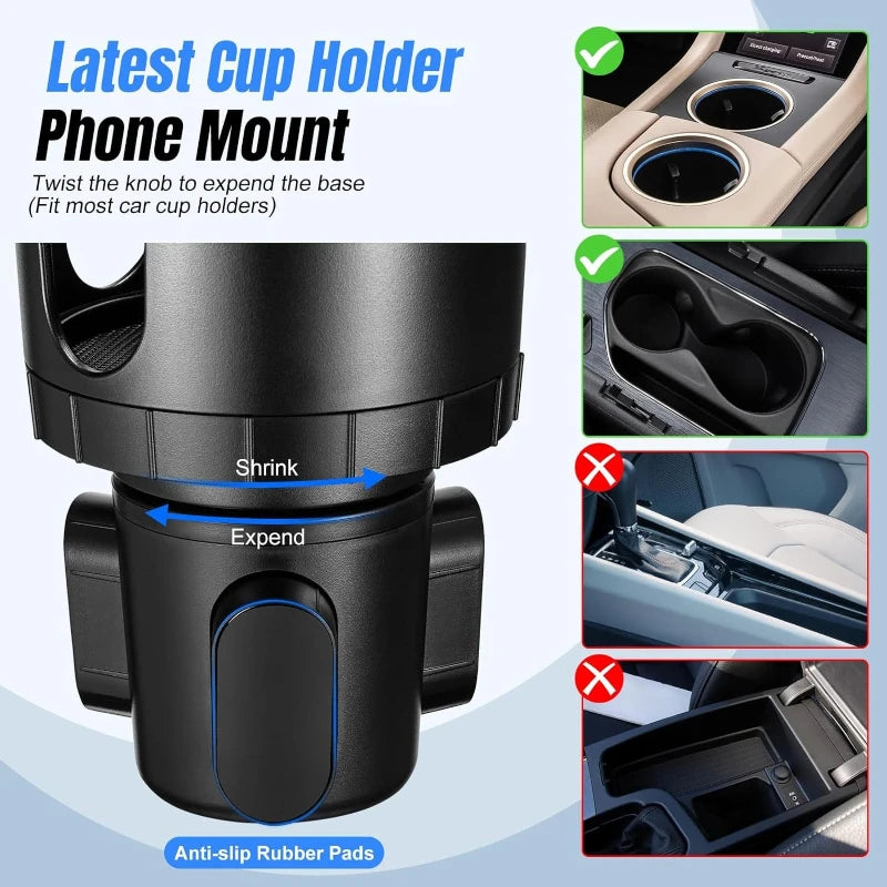 Car Phone Holder Cup Holder 2 in 1 Multi-Functional Mount 360°Rotation with Adjustable Long Neck Stand Car Interior Accessories